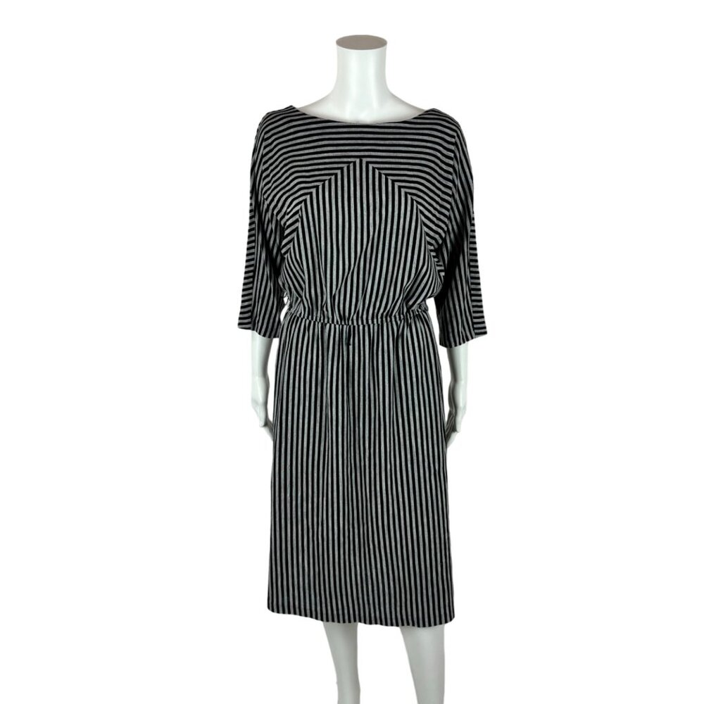 Vintage 80s Striped Dress Women's Medium Black White Slouchy Batwing Sleeves - Picture 3 of 10